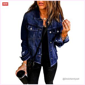 Distressed Oversized Denim Jacket Women's Casual Boyfriend Fit Ripped Details